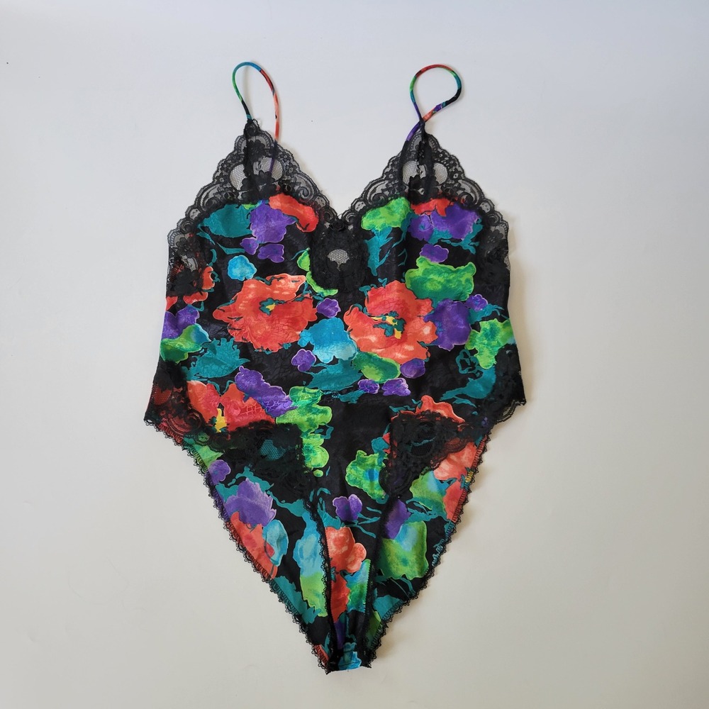 Vintage Floral Satin Lace Teddy Bodysuit Medium Snap Crotch Boudoir Whimsigoth
